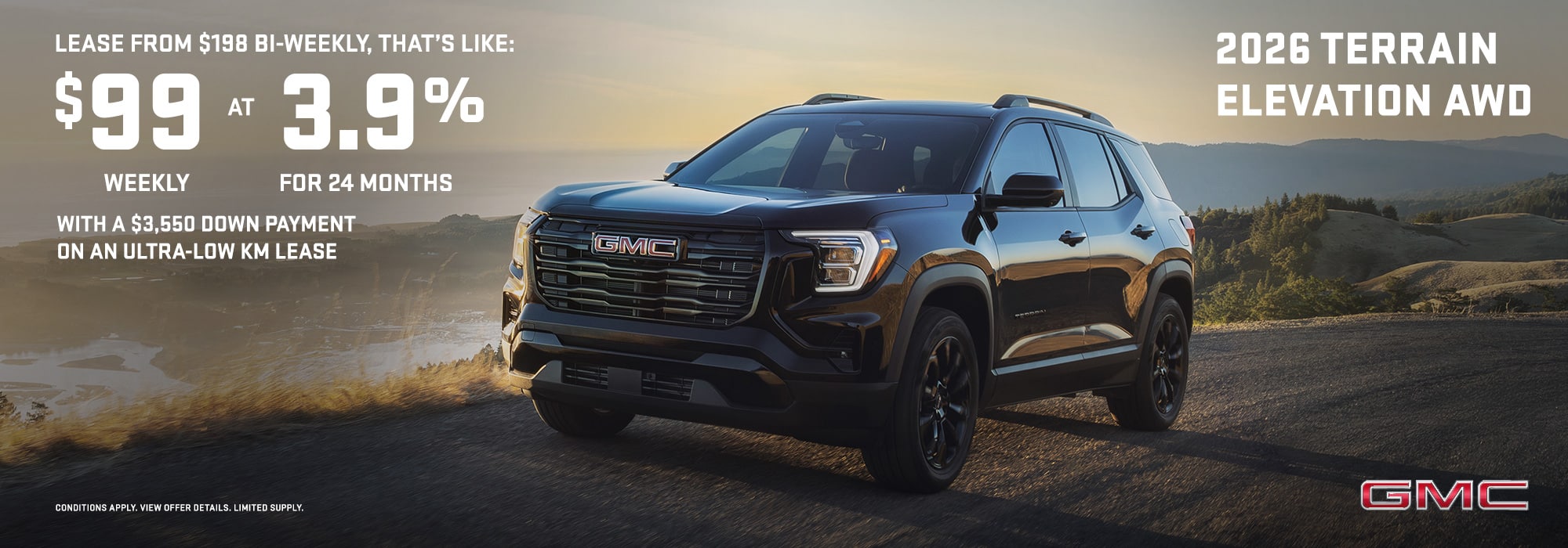 2026 GMC Terrain Elevation AWD against scenic background, $99 weekly lease offer at 3.9% for 24 months.