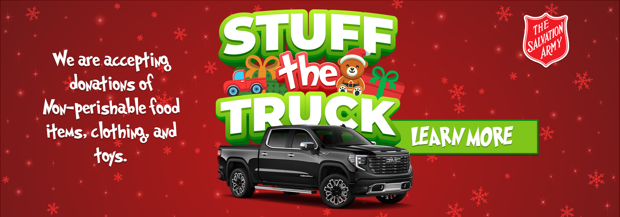 "Stuff the Truck" charity event image promoting donations of food, clothing, toys with Salvation Army logo.