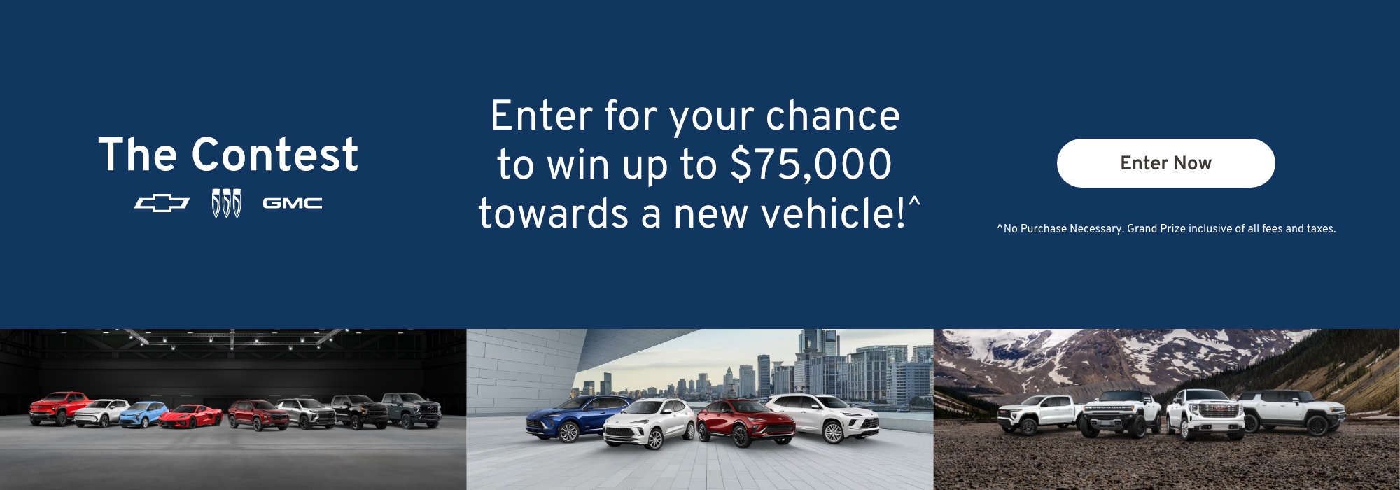 Contest announcement to win $75,000 towards a new vehicle, featuring Chevrolet and GMC logos and multiple car images.