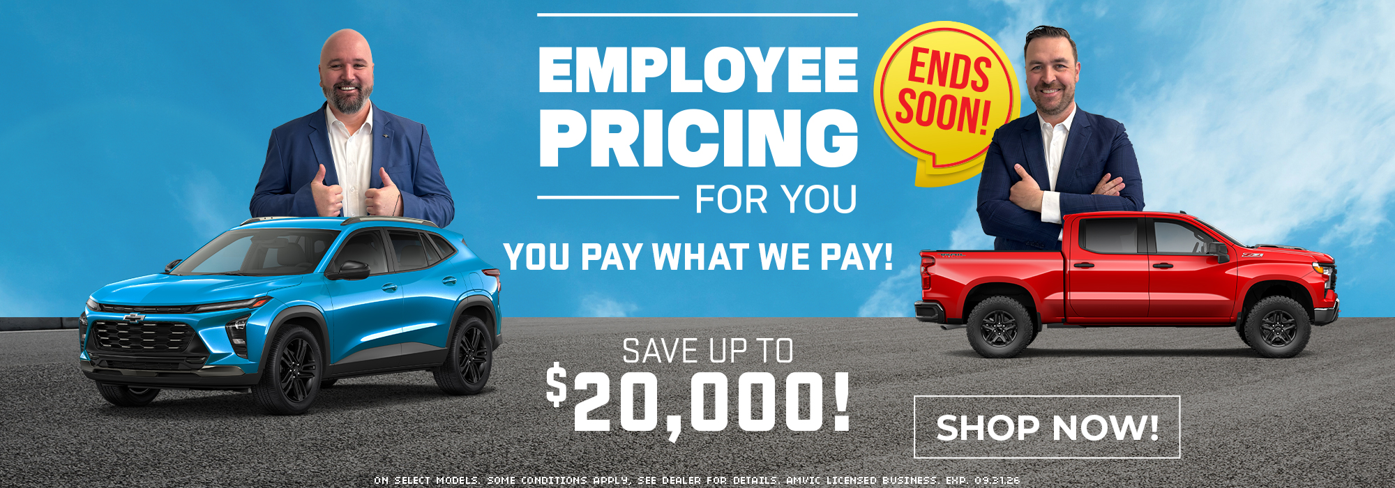 Employee pricing event banner with two cars, two men in suits, and the text "You Pay What We Pay! Shop Now."