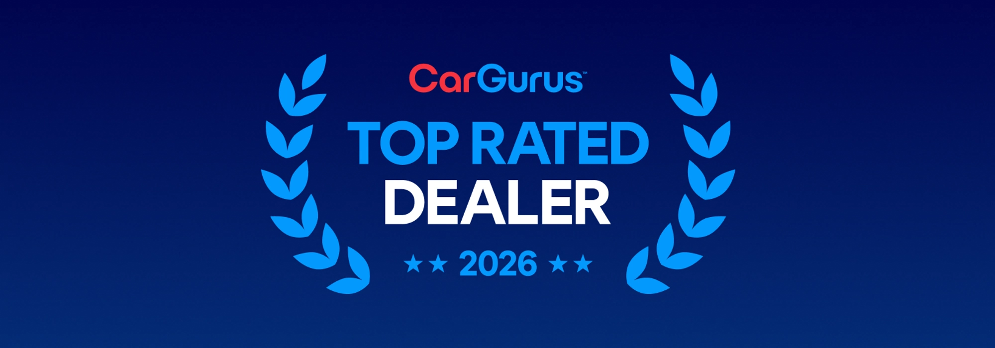 CarGurus Top Rated Dealer 2026 award banner with laurel design on a dark blue background.