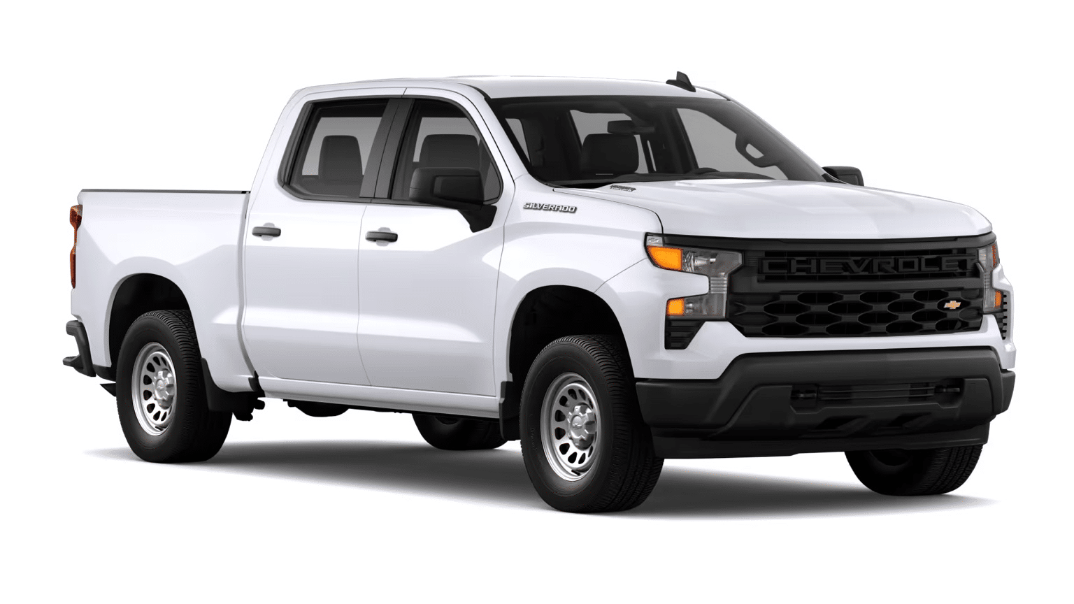 White Chevrolet Silverado pickup truck, front and side view on a plain background.