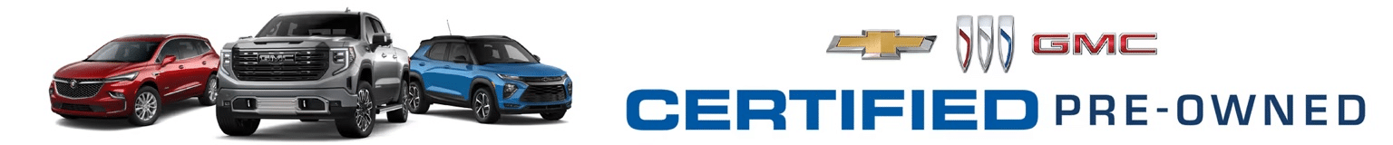 Chevrolet and GMC certified pre-owned vehicles: red SUV, gray truck, blue crossover.