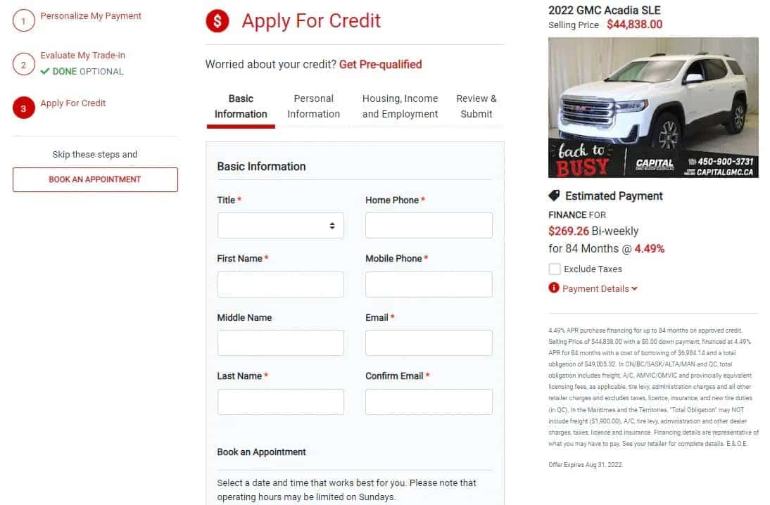 Online credit application form for a 2022 GMC Acadia SLE, priced at $44,838 with financing details.
