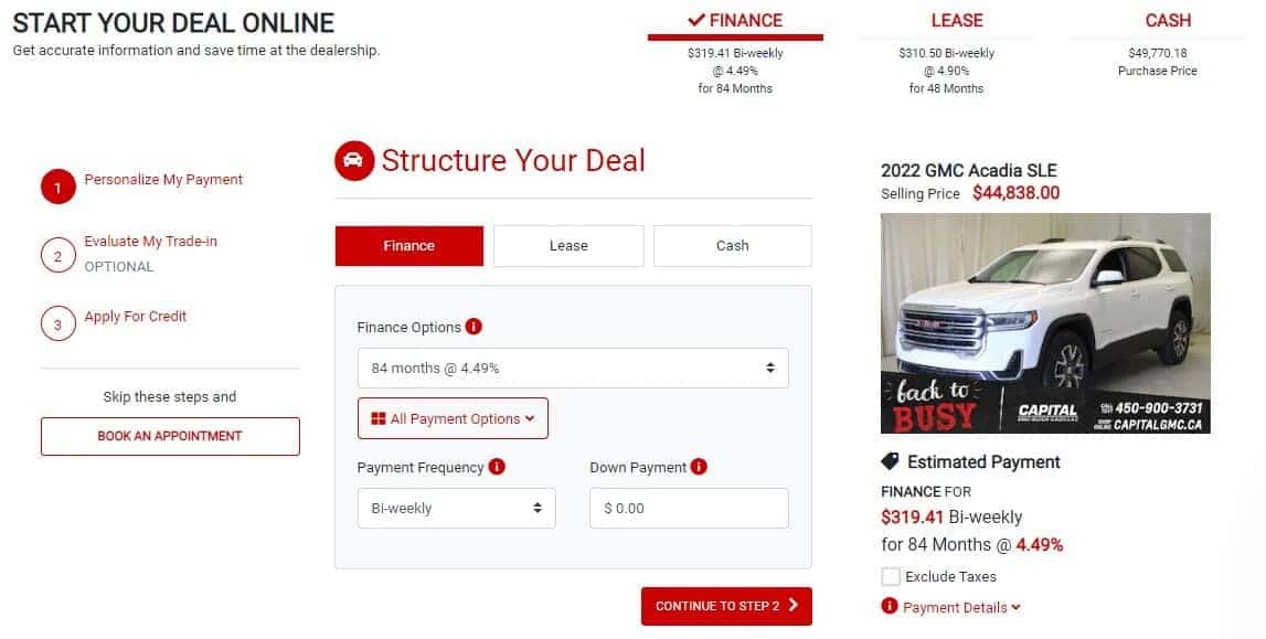 Online car deal page showing a 2022 GMC Acadia SLE with financial options and payment plan details.