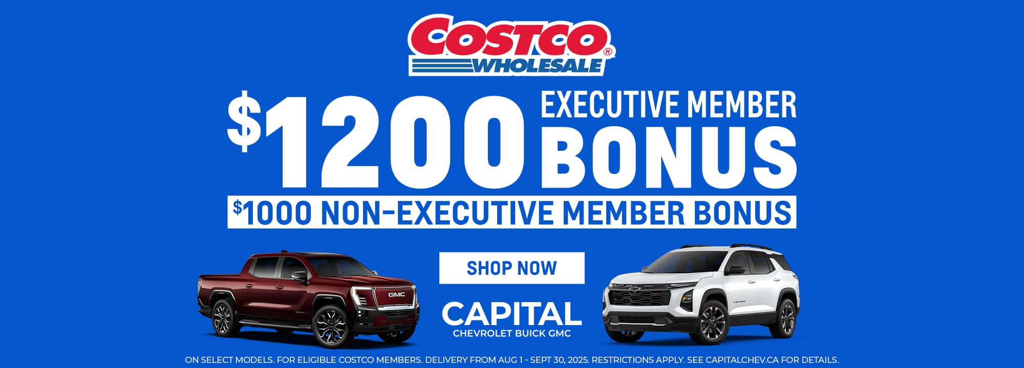 Costco promotion image: $1200 executive, $1000 non-executive member bonuses on GMC vehicles.