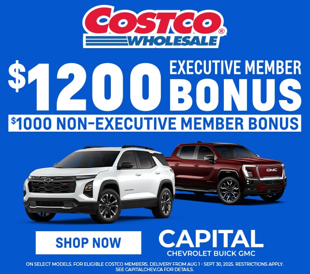 Costco promo for Capital Chevrolet Buick GMC offers up to $1200 member bonus. Two cars featured, one white and one red.