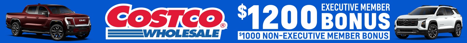 Promotional banner for Costco offering a $1200 executive member bonus and $1000 non-executive bonus, featuring three GMC vehicles on a blue background.