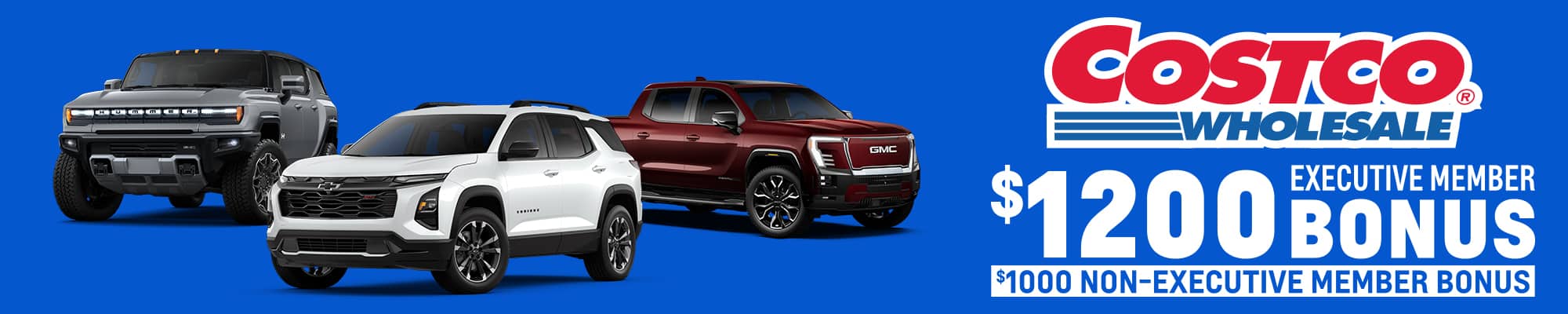 Promotional banner for Costco offering a $1200 executive member bonus and $1000 non-executive bonus, featuring three GMC vehicles on a blue background.