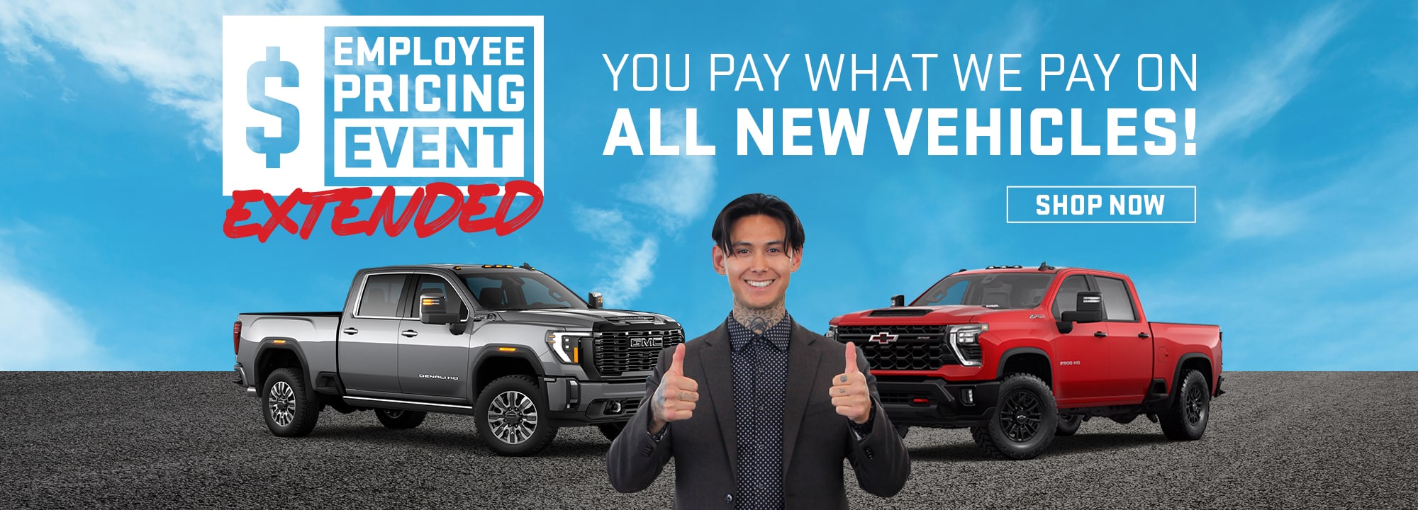Man with thumbs up between gray and red trucks under "Employee Pricing Event" text. "Shop Now" button included.