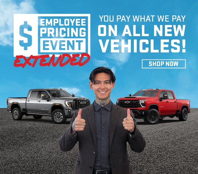 Employee pricing event advertisement with extended offer on new vehicles. Two trucks and a smiling person.