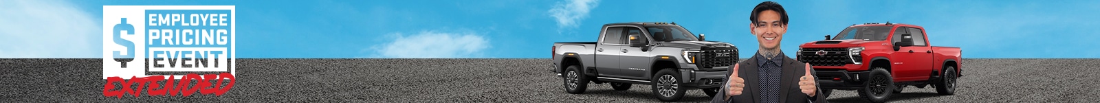 Employee pricing event banner featuring two trucks and a smiling person with thumbs up.