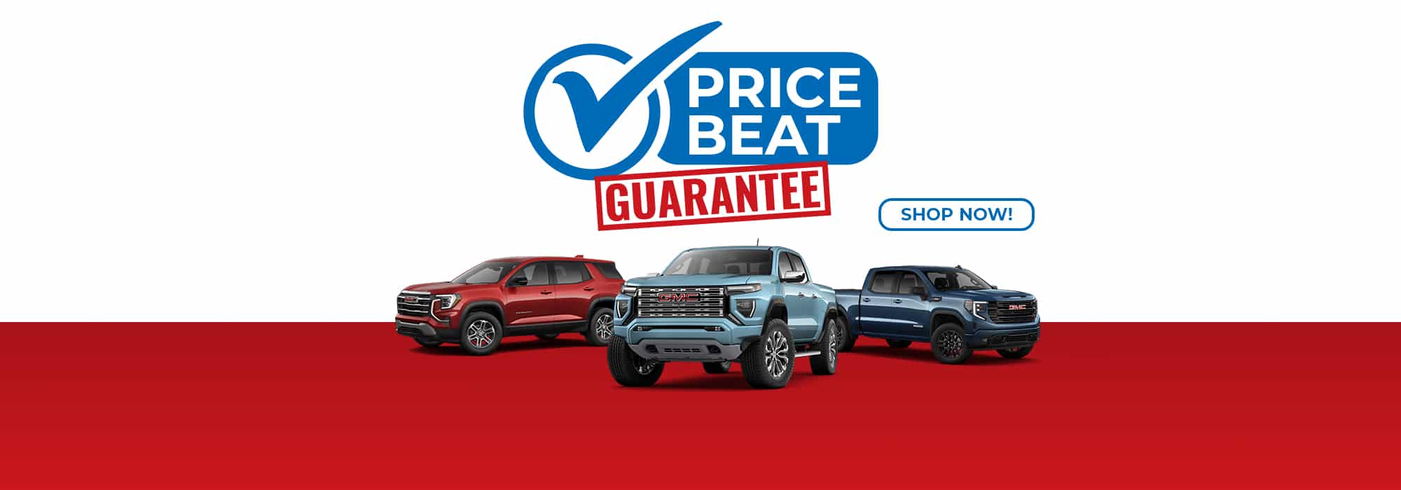 Trucks with a "Price Beat Guarantee" offer and "Shop Now" button on a red background.