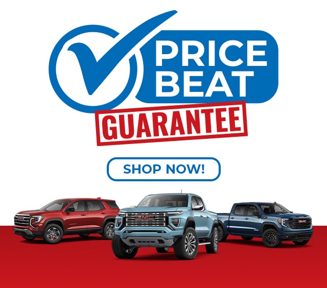 Price beat guarantee with three GMC trucks on display and "Shop Now" button.