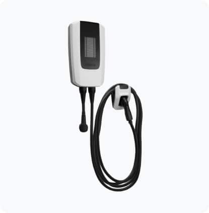 Electric vehicle wall charger with coiled cable on a white background.