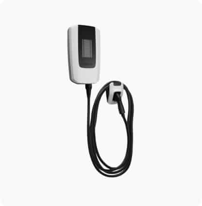 Electric vehicle wall charger with coiled cable on a white background.