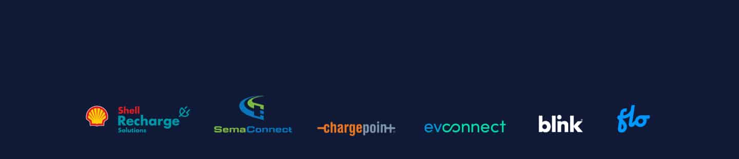 Logos of EV charging companies: Shell Recharge, SemaConnect, ChargePoint, EV Connect, Blink, Flo.