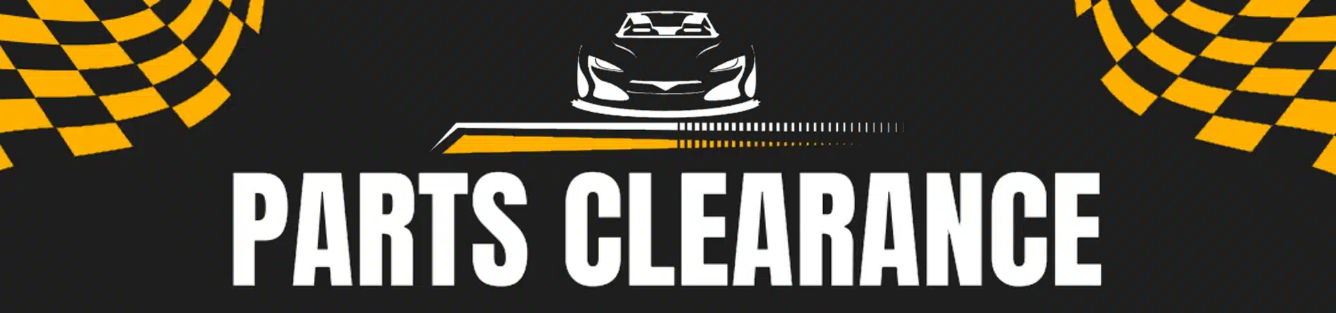 "Parts Clearance" banner with a stylized car and checkered flags, promoting automotive deals.