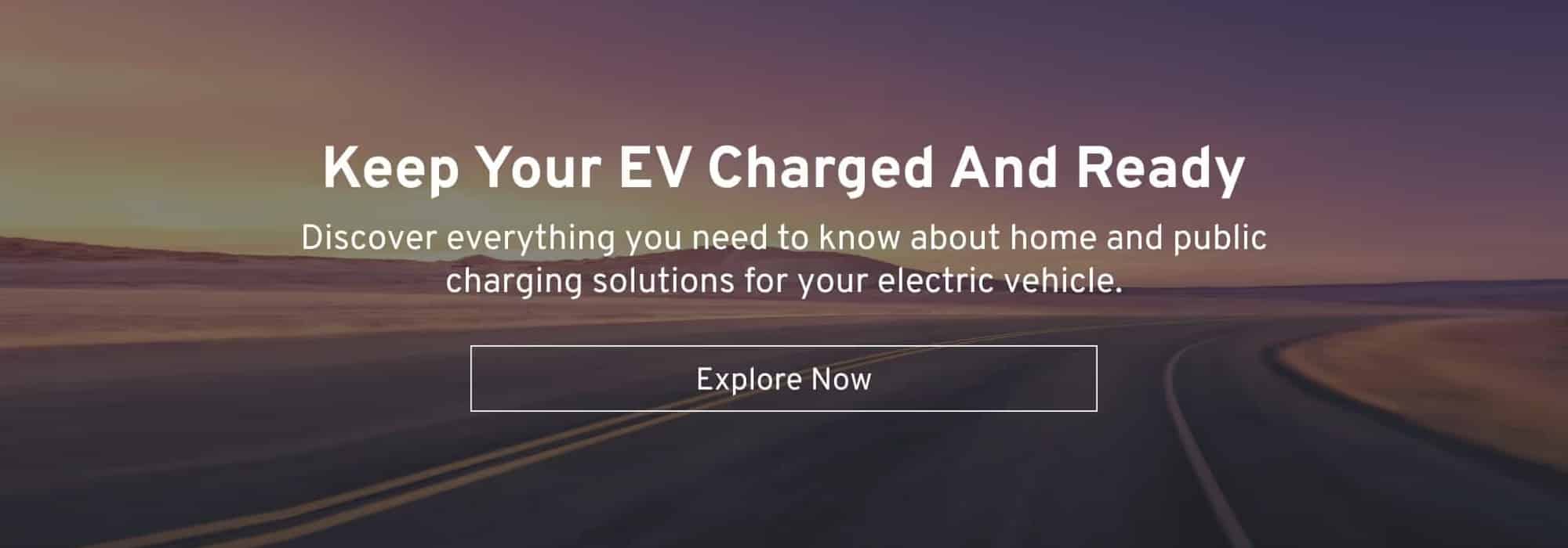 Road at sunset with text promoting EV charging solutions and a call-to-action button.