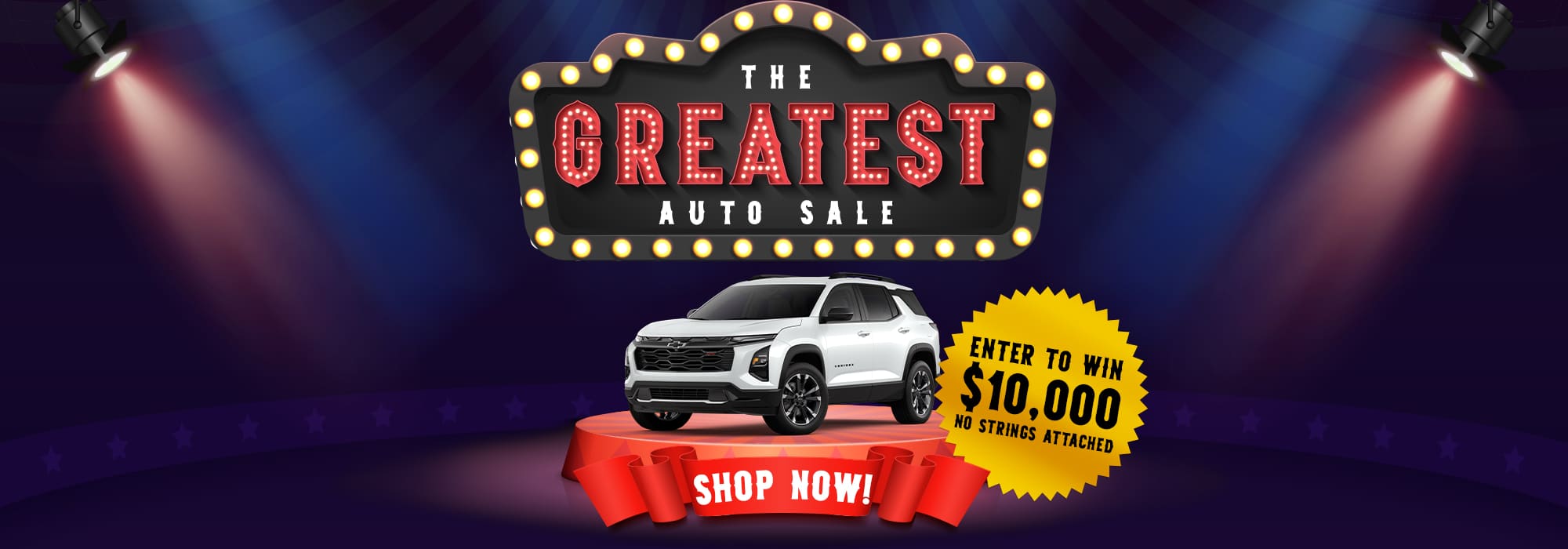 Spotlighted auto sale promotion featuring a white SUV, $10,000 prize offer, and "Shop Now" banner.