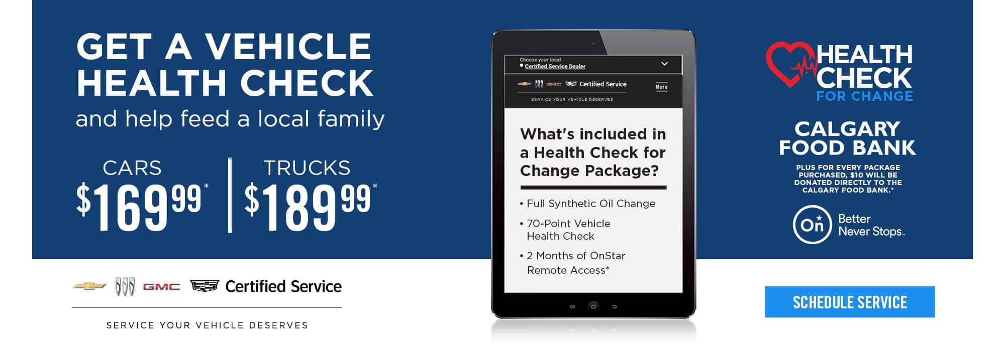 Vehicle health check offer for cars and trucks, supporting Calgary Food Bank. Prices start at $169.99.