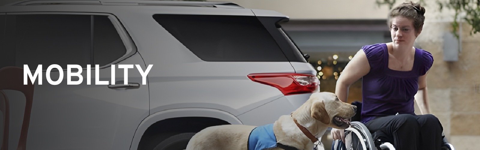 Woman in wheelchair with service dog near a white SUV; text reads "MOBILITY".