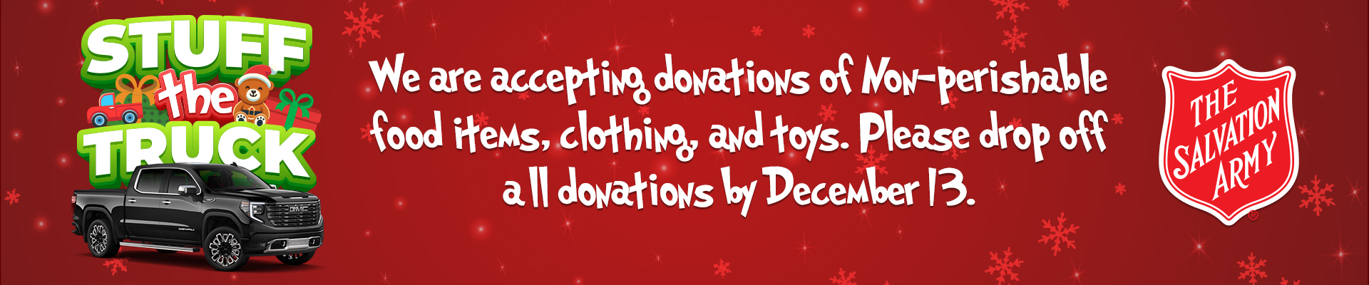Salvation Army donation drive banner for non-perishables, clothing, and toys. Deadline: December 13.