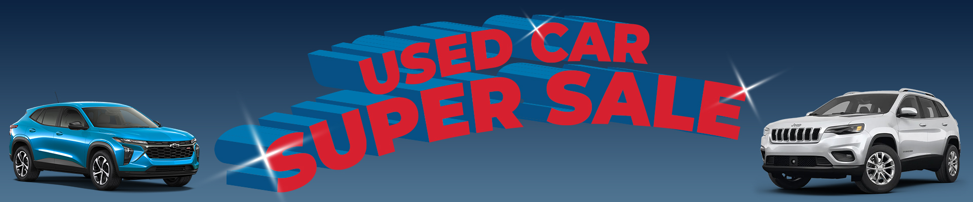 Blue and white SUVs with "Used Car Super Sale" in bold red text on a blue gradient background.