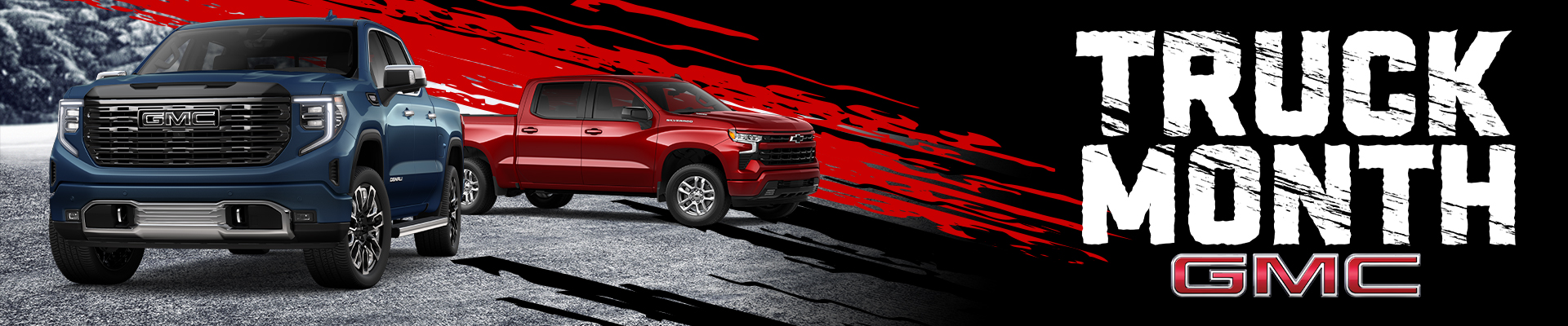 Blue and red GMC trucks on a snowy background with "Truck Month GMC" text in bold.