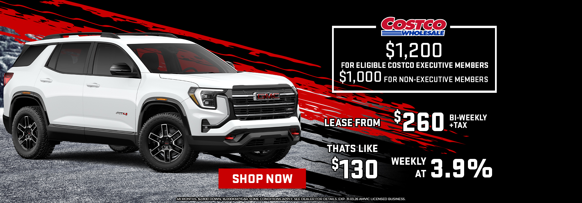 White GMC SUV lease offer with Costco discounts, starting at $260 bi-weekly, $3.9% interest rate.