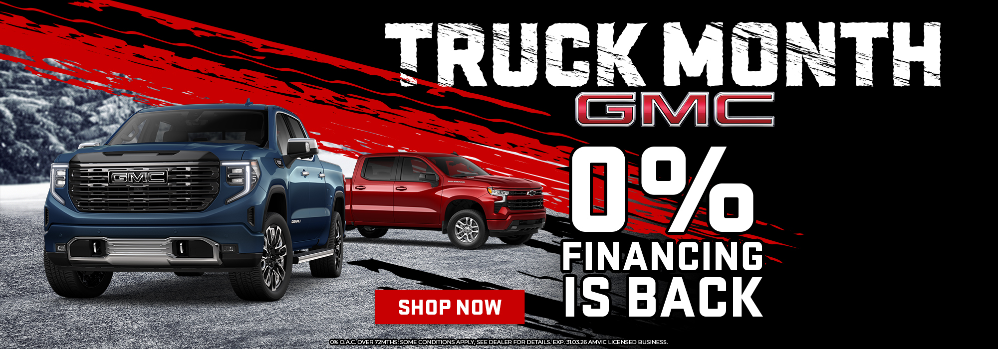 GMC Truck Month promotion with two trucks, offering 0% financing. Click "Shop Now" for details.