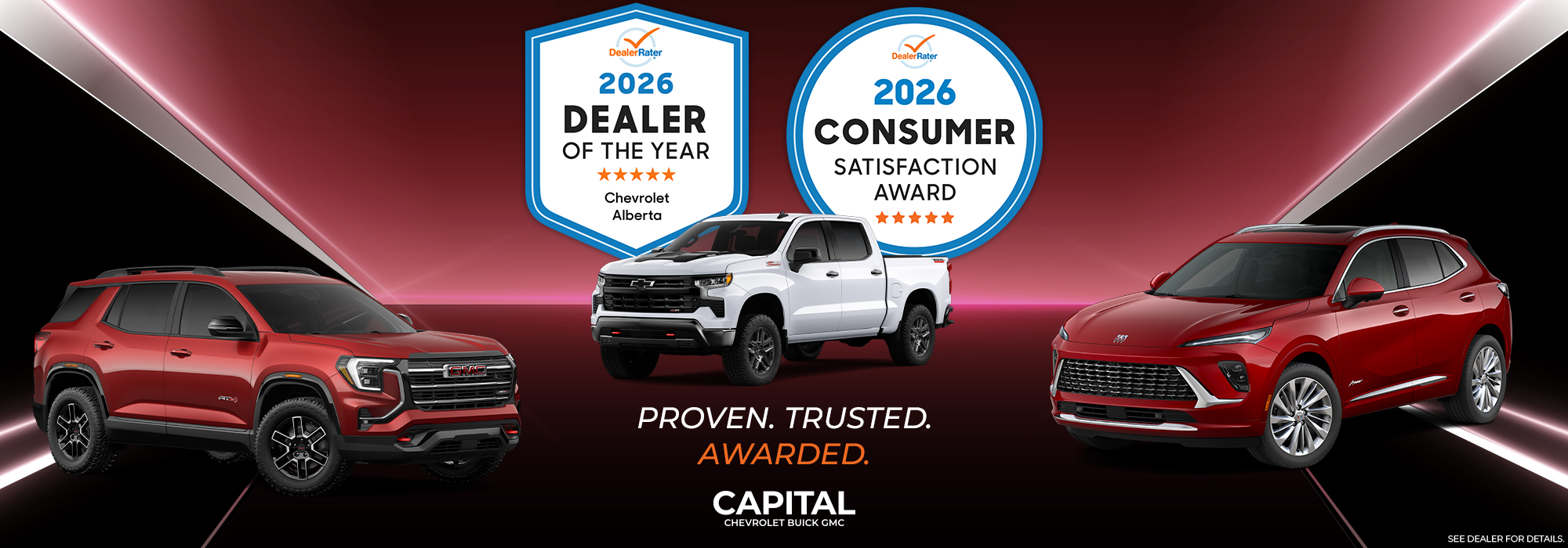 Three SUVs with awards for 2026 Chevrolet and Dealer of the Year. Text: “Proven. Trusted. Awarded.”