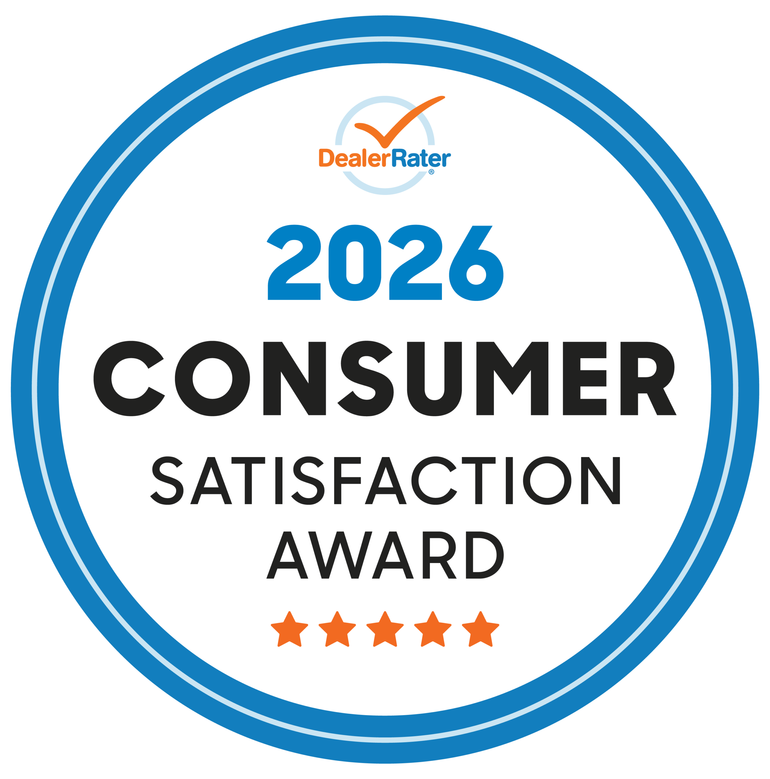 "DealerRater 2026 Consumer Satisfaction Award badge with five orange stars."