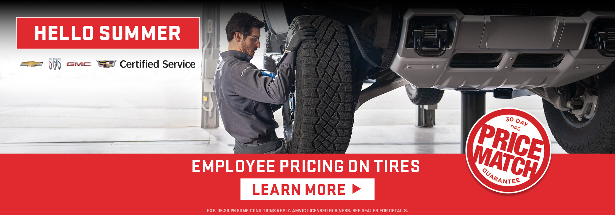 Mechanic working on a car tire with "Hello Summer" and "Employee Pricing on Tires" text. Certified Service logos.