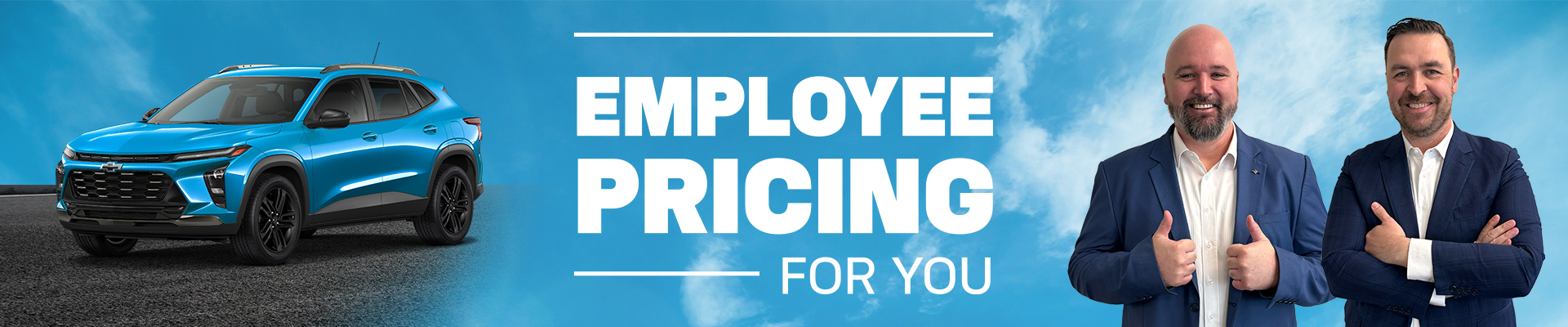 Blue pickup truck, "Employee Pricing Event" text with dollar sign, smiling man giving thumbs up.
