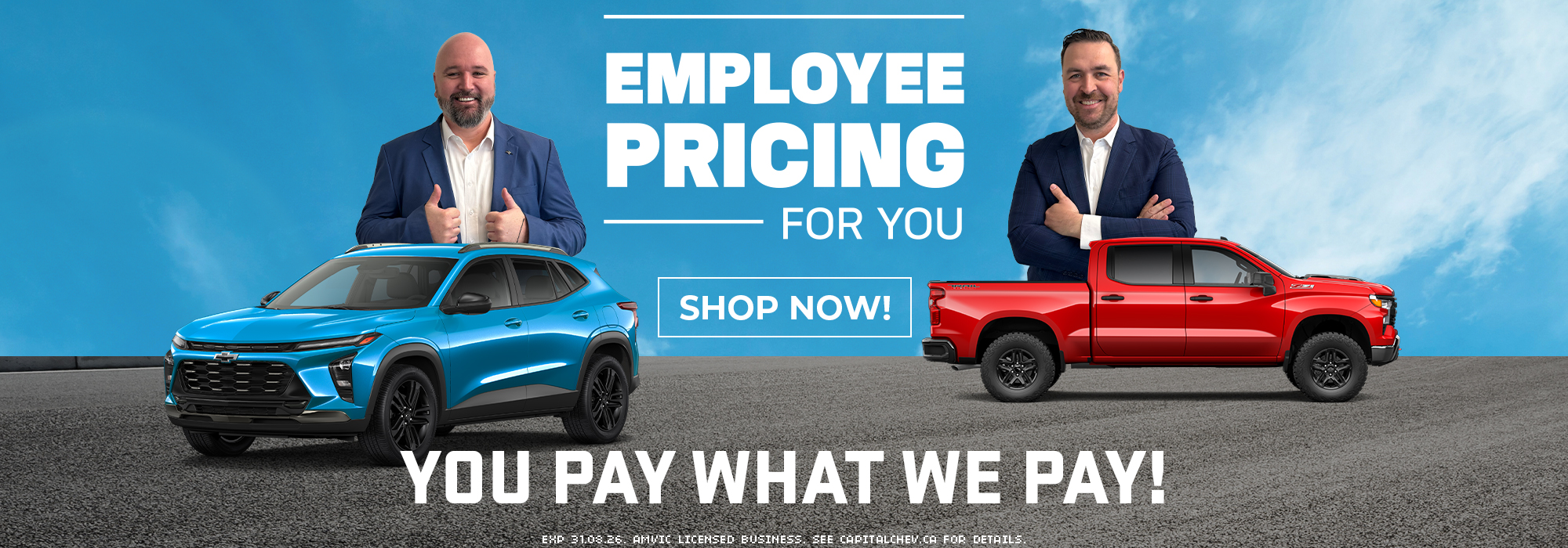Employee pricing event banner with two cars, two men in suits, and the text "You Pay What We Pay! Shop Now."