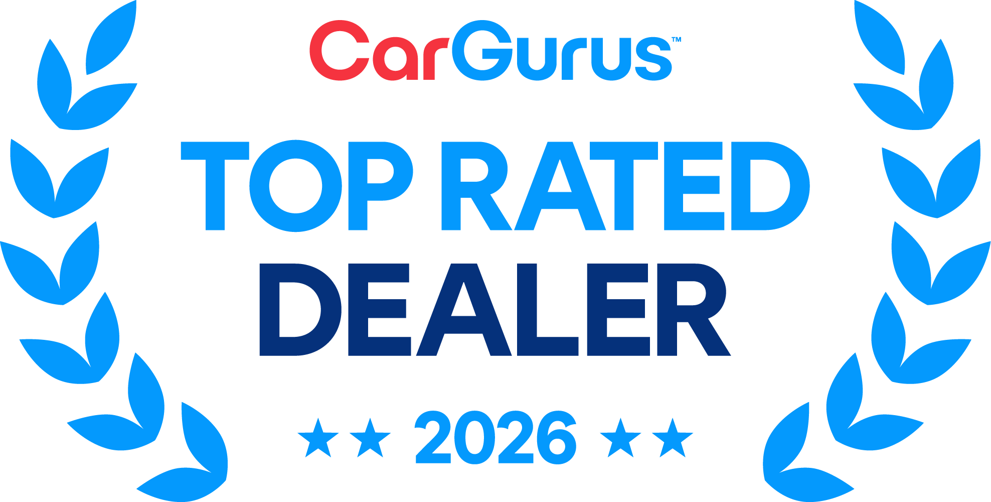 CarGurus Top Rated Dealer 2026 award with blue laurel design.