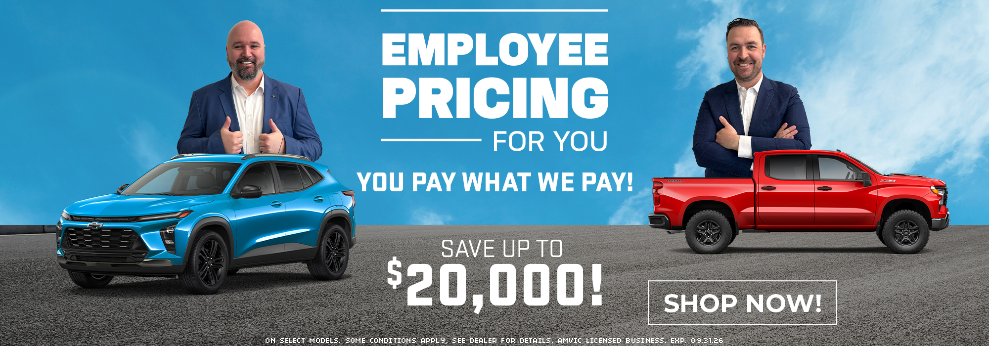 Employee pricing event banner with two cars, two men in suits, and the text "You Pay What We Pay! Shop Now."