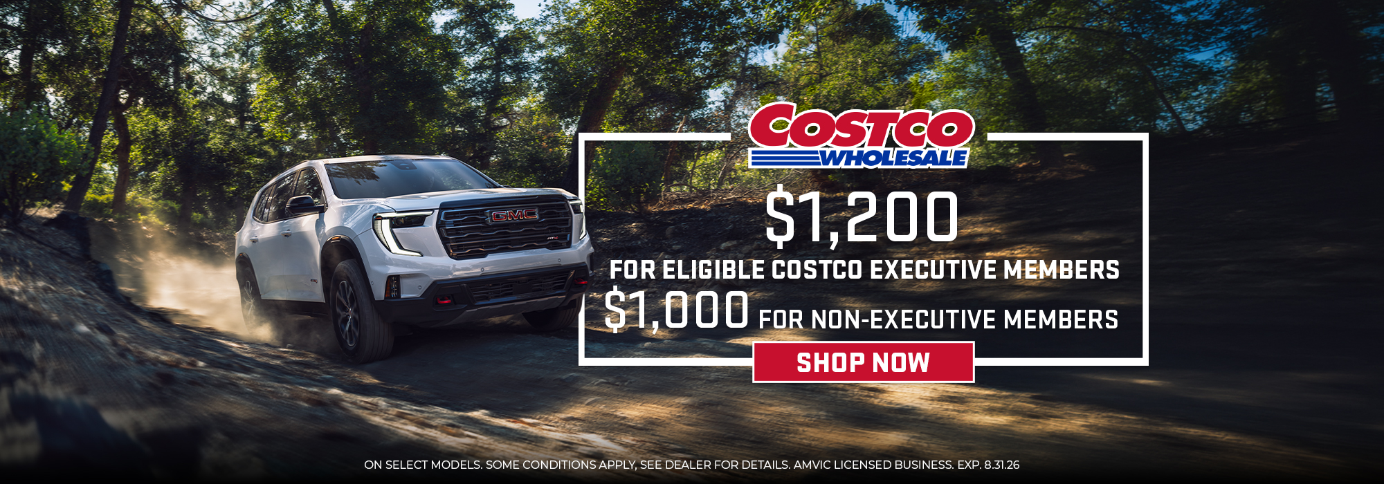 GMC SUV driving on a forest road, Costco Wholesale offers $1,200 for Executive Members, $1,000 for others.